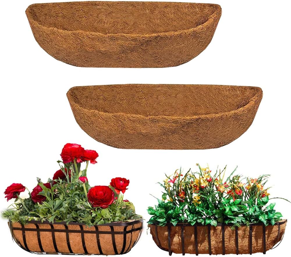 EROCK 2PCS Coco Liner Trough, 24/30/36/48 inch Half Moon Shape, Brown, Natural Coconut Fiber, Indoor/Outdoor, Perfect for Flower Basket & Window Box, 2 Levels, Breathable, 1 lb, 7x24x8 inches