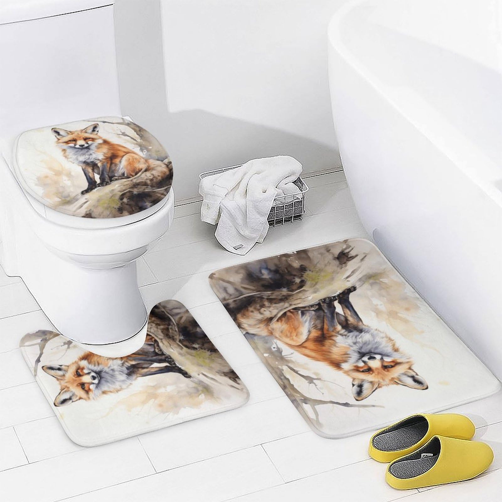 Duschvorhang-Set, Motiv: Aquarell, Fuchs, abstrakte Natur, Tier, Badezimmer-Dekoration, 4-teiliges Badezimmer-Zubehör-Set mit Teppichen, Vorhang und 12 Haken