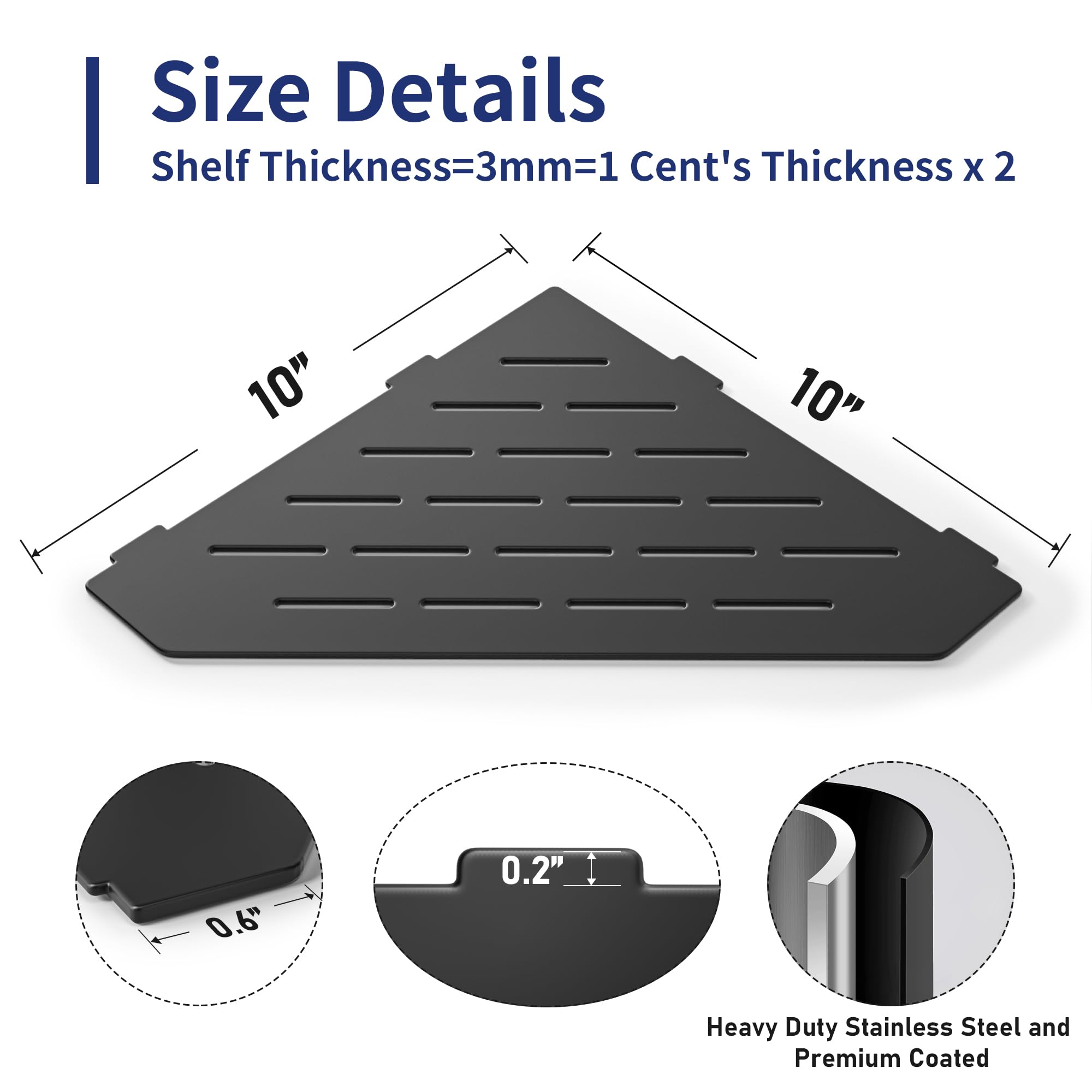 Lot De 2 Étagères De Douche Angle Pentagonale 254 Mm Noir Mat - Acier Inox 304 - Sans Perçage
