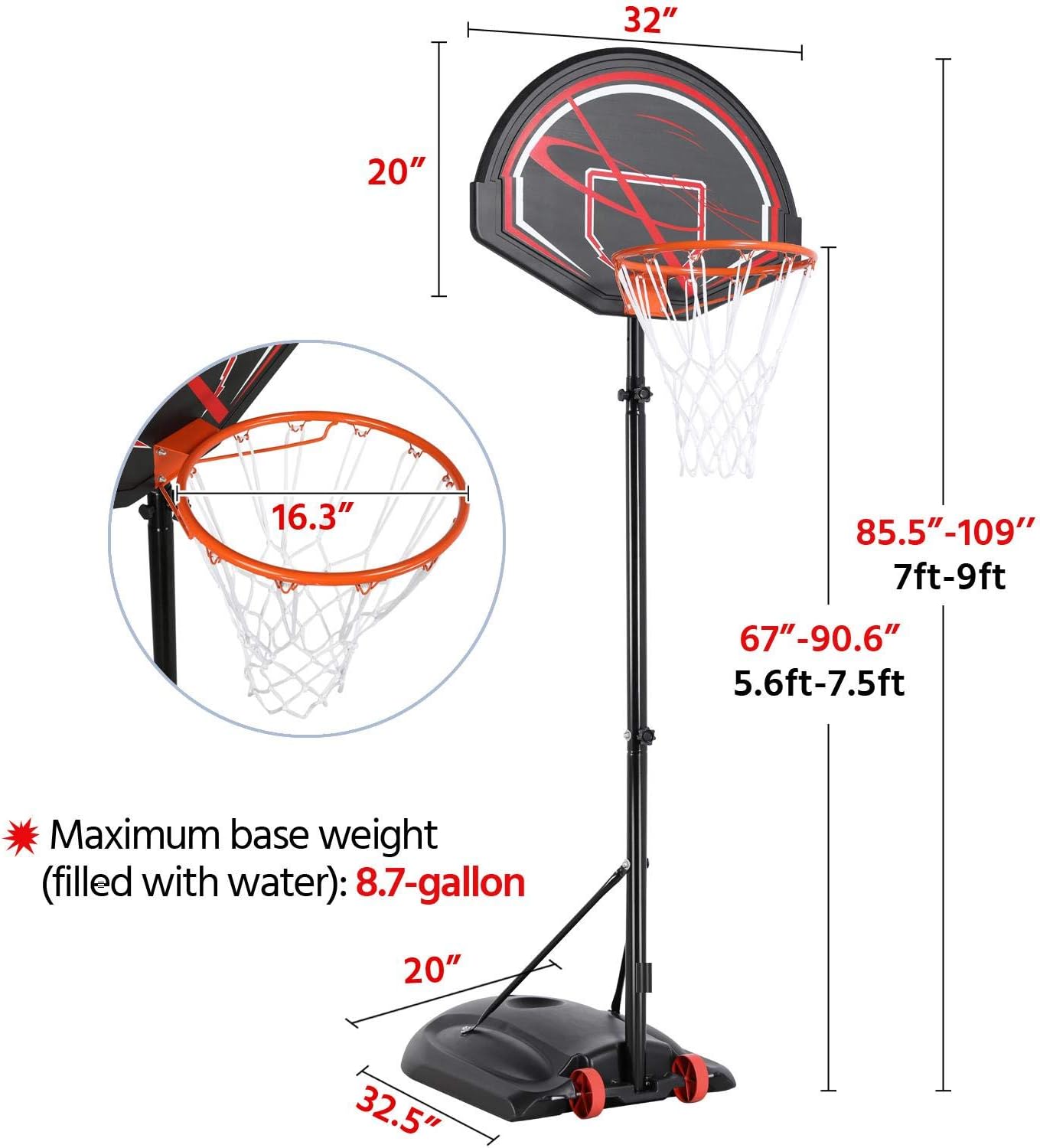 Yaheetech 32" Youth Portable Basketball Hoop 7-9ft Adjustable Height Basketball Stand Backboard System for Indoor Outdoor w/Wheels