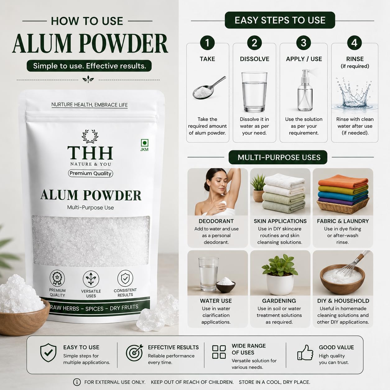 THH Pure Alum Powder (350g) | 100% Natural Fitkari Fine Granules for Skin Tightening, Pore Refining Oil Control, and Daily Shave Grooming | Multi-Purpose Powder for Water Purification & Household Use 2