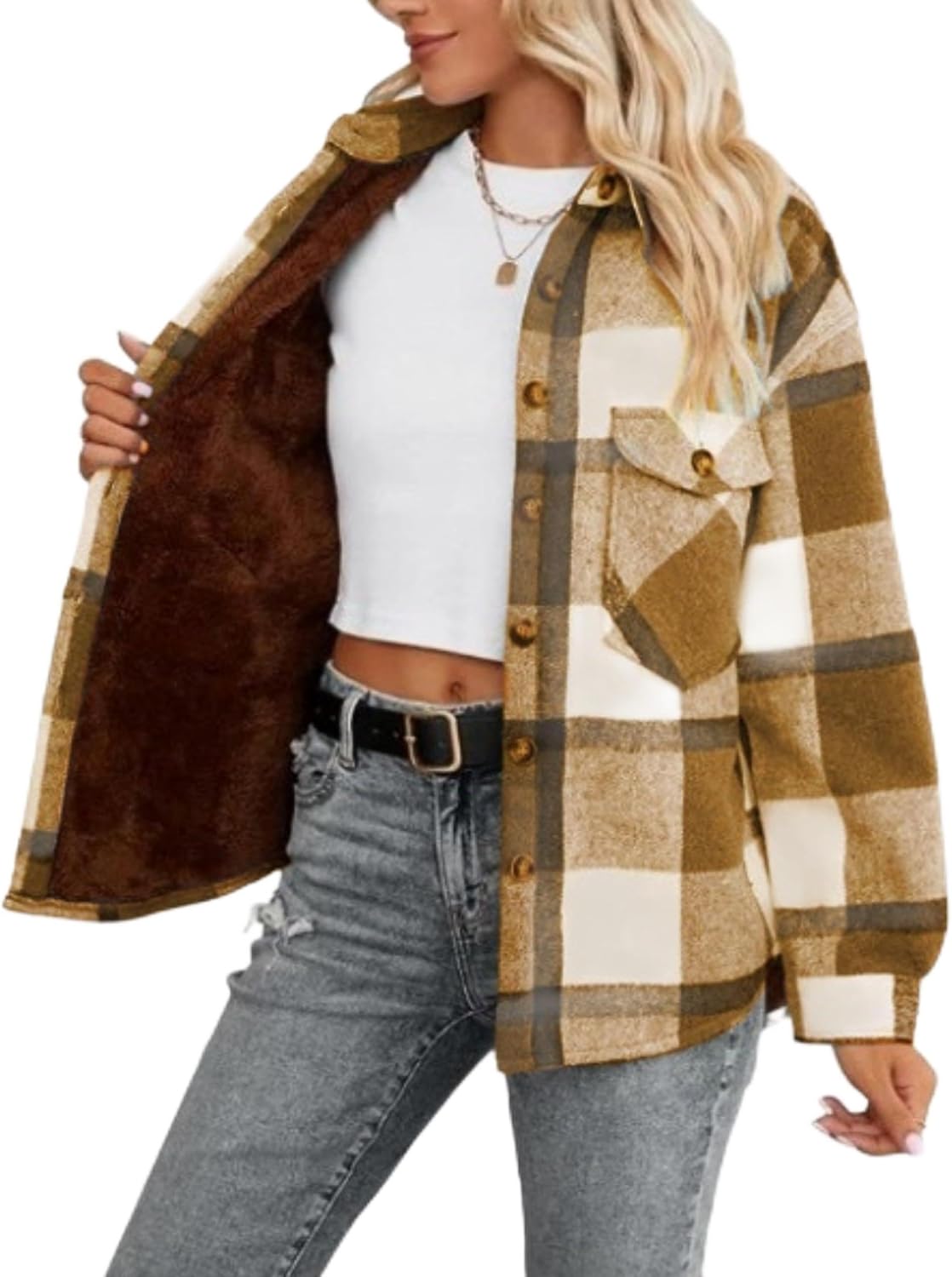 FindThy Women's Warm Sherpa Lined Fleece Plaid Flannel Shirt Jacket Button Down Fuzzy Shacket