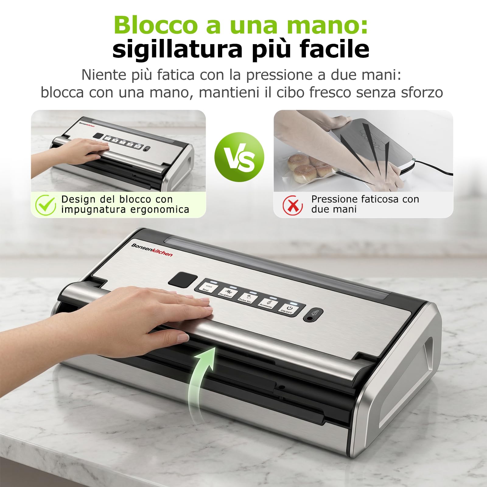 Bonsenkitchen Macchina Sottovuoto, Sigillatura Larga 5mm Antigoccia, Acciaio Inox, Una Mano & Pulse Secco/Umido, Macchina Sottovuoto ad Alte Prestazioni incl. 1 Rotolo & 10 Sacchetti, VS4200