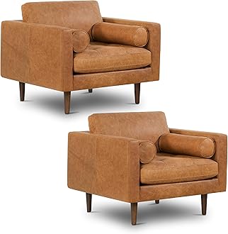 Poly & BARK Napa Leather Accent Chairs 42" – Set of 2 - Mid Century Modern Armchair with Bolster Pillows, Living Room or Bedroom Chair in Cognac Tan