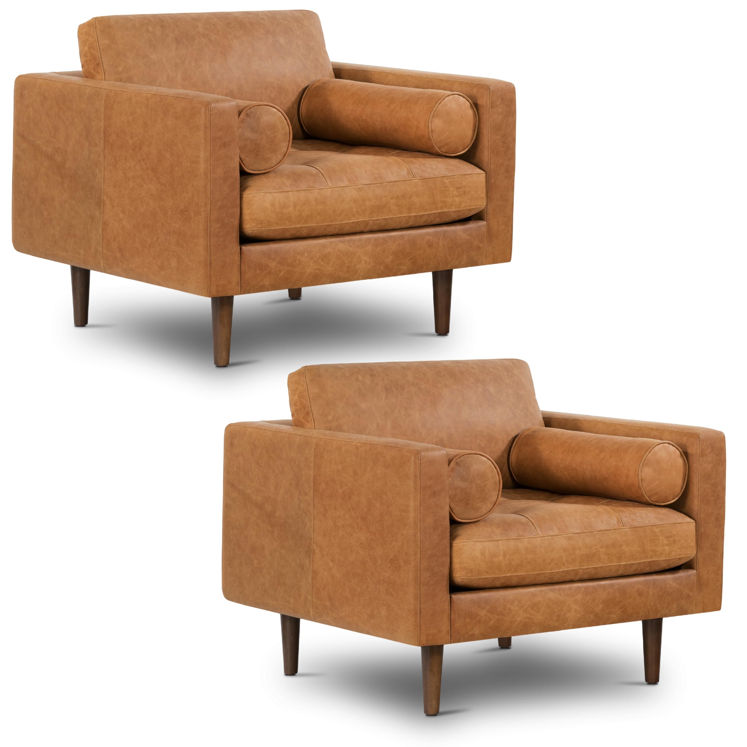 Poly & BARK Napa Leather Accent Chairs 42" – Set of 2 - Mid Century Modern Armchair with Bolster Pillows, Living Room or Bedroom Chair in Cognac Tan