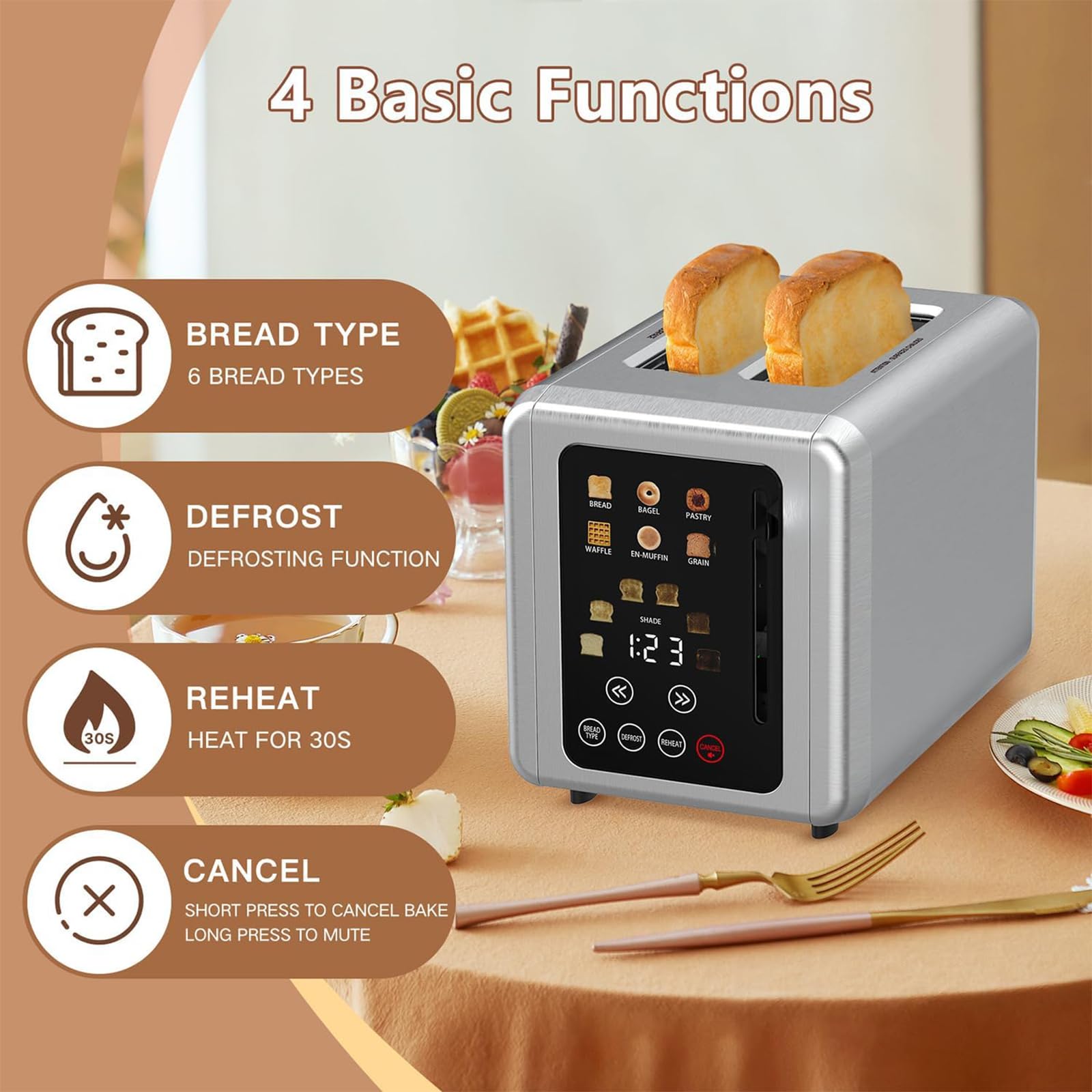 Tostadora inteligente, tostadora emergente con pantalla táctil de acero inoxidable, ranuras extraanchas de 1,5 pulgadas, 6 ajustes de tostado, con función de sonido y temporizador digital, para bufés,