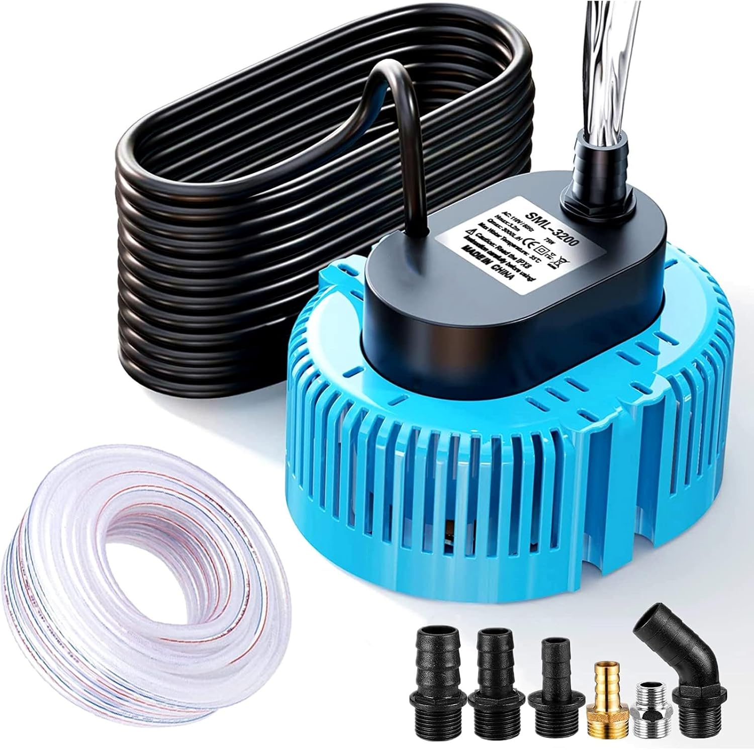 Pool Cover Pump (850 GPH) - Submersible Electric Utility Water Pumps - with 16 Foot Drainage Hose and 25 Feet Power Cord, 6 Adapters-Blue