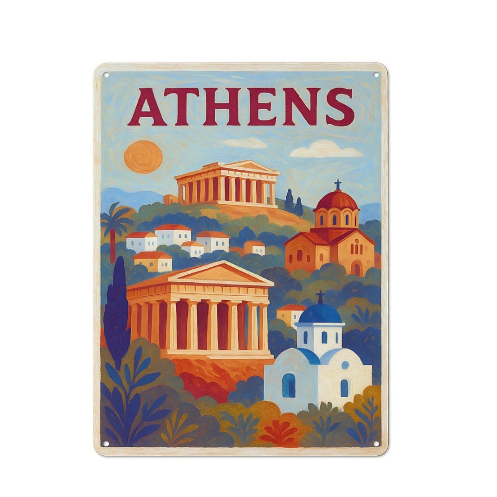 Junmoney Style-19 Vintage Tin Sign 40X30cm With Athens Travel (2) For Garage Or Workshop, For Metal Sign Collectors, For Cafés, Pubs And Restaurants