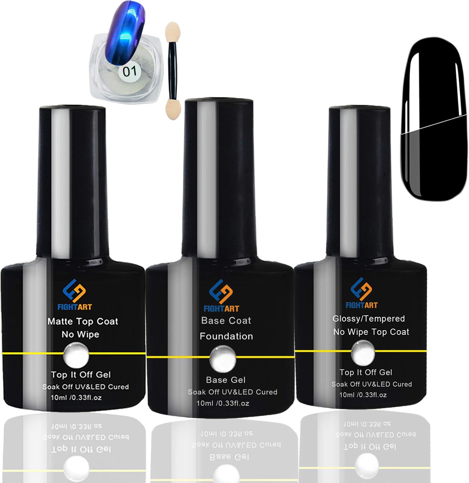 FIGHTART Gel Nail Polish Set 3pcs Base Coat Matte Top Coat High Gloss No Wipe UV LED Soak Off and 1pc Mirror Glitter Nail Kit
