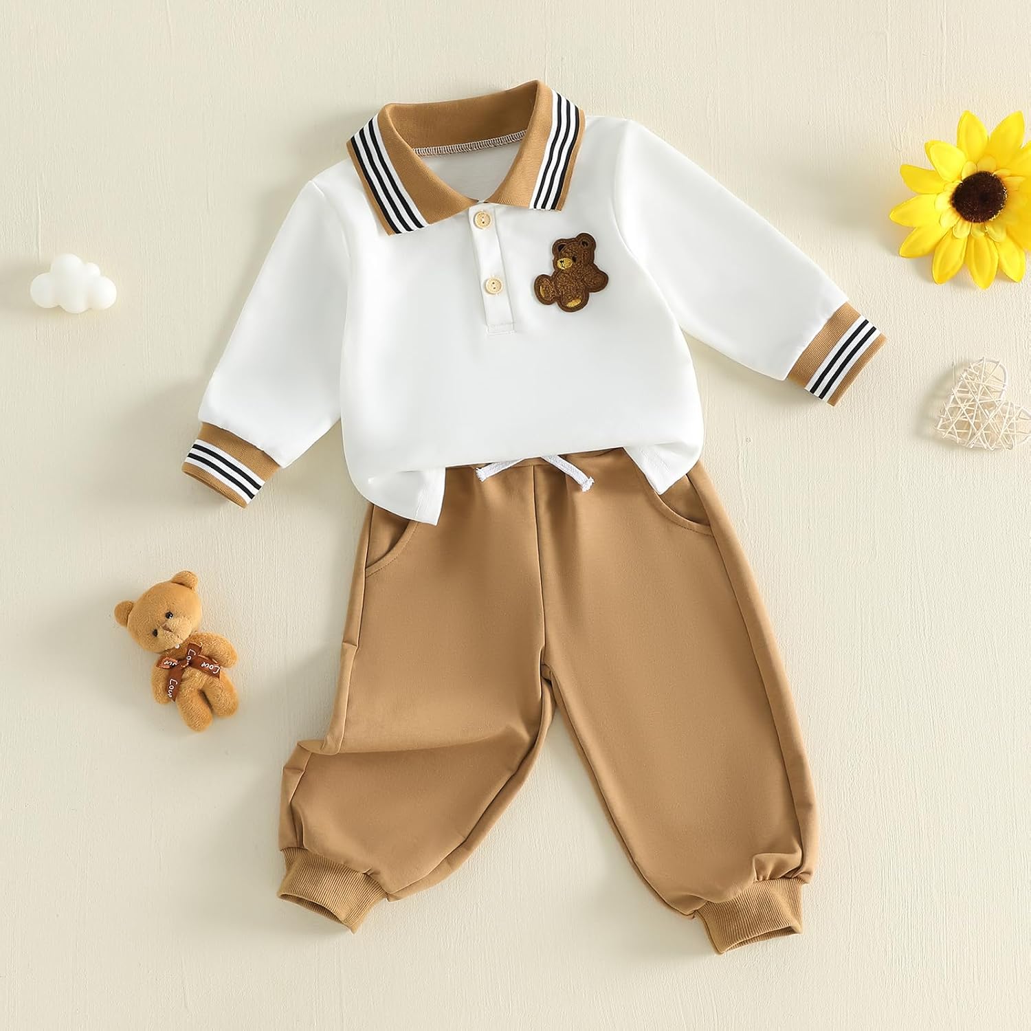 6 12 18 24 Months 3T 4T Baby Boy Clothes Long Sleeve Bear Embroidery Polo Shirt And Pants Set Birthday Outfit
