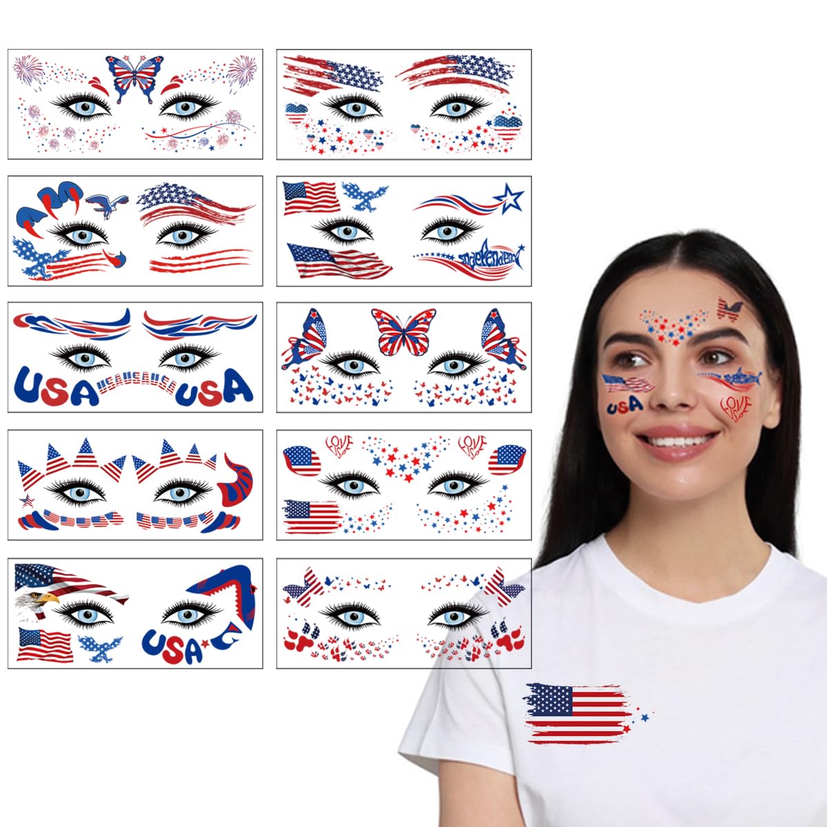 4th of July Temporary Tattoos, 10 Sheets Independence Day Face Tattoos Stickers American Flag Red White & Blue Design Temporary Tattoos Sticker