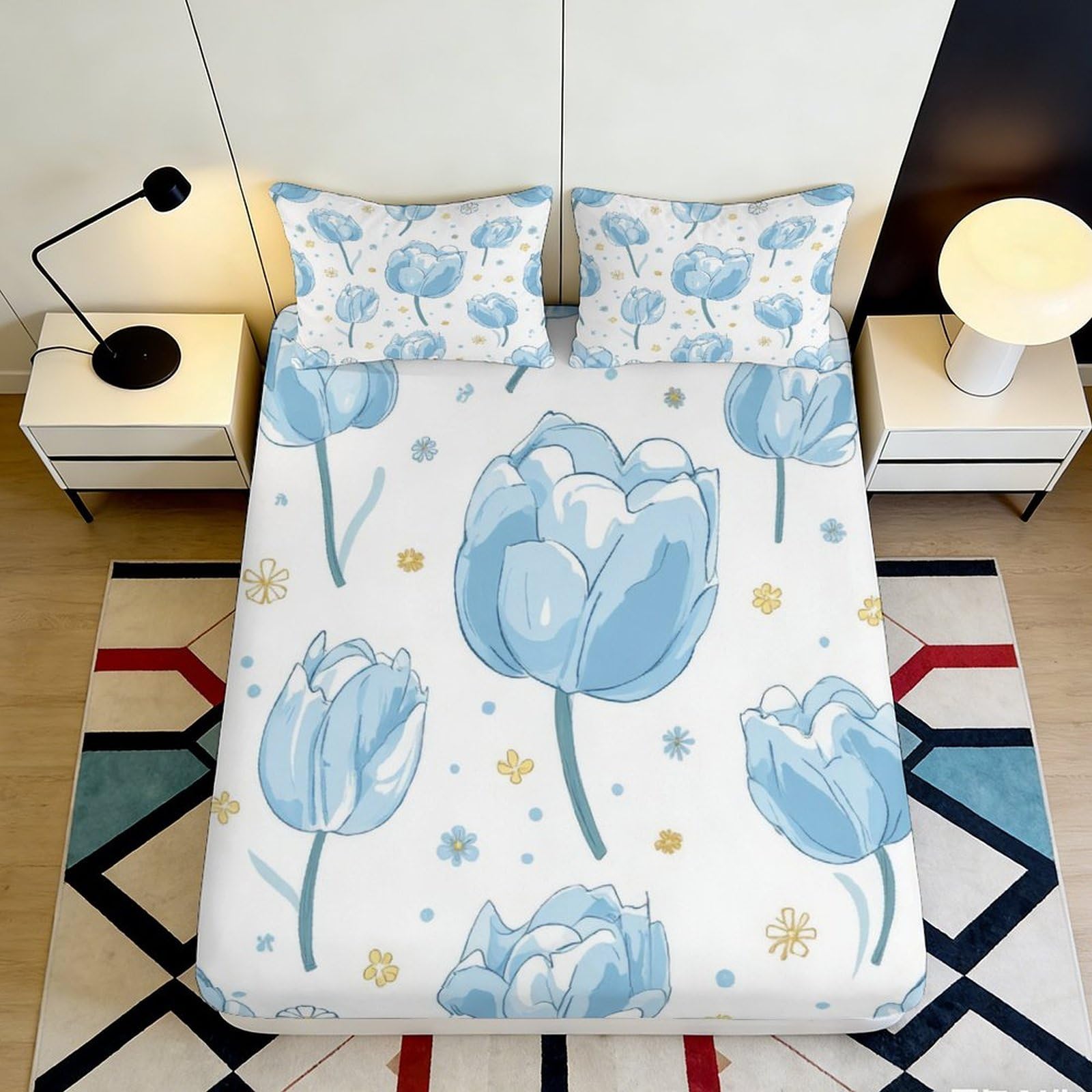 Pnayamiorkfel Style-3 3D Printed Blue Tulip Fitted Sheet Microfiber Soft Mattress Cover Floral Spring Bedroom Decor For Home Guest Room 90X200x25cm