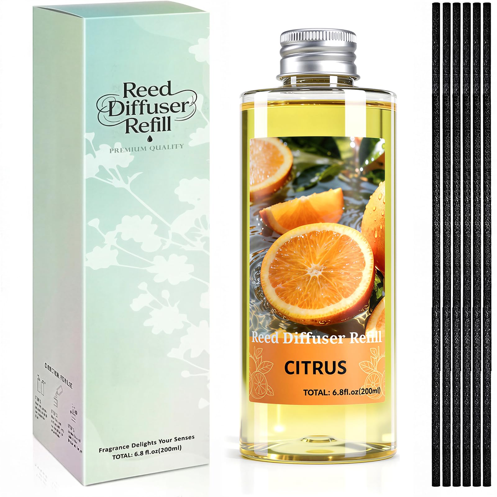 SCENTORINI Reed Diffuser Refill 200ml with 6 Reeds, Citrus Fragrance Oil for Reed Diffusers, Flameless Home Fragrance, Long Lasting Air Freshener for Living Room, Bathroom, Kitchen, Gift Set