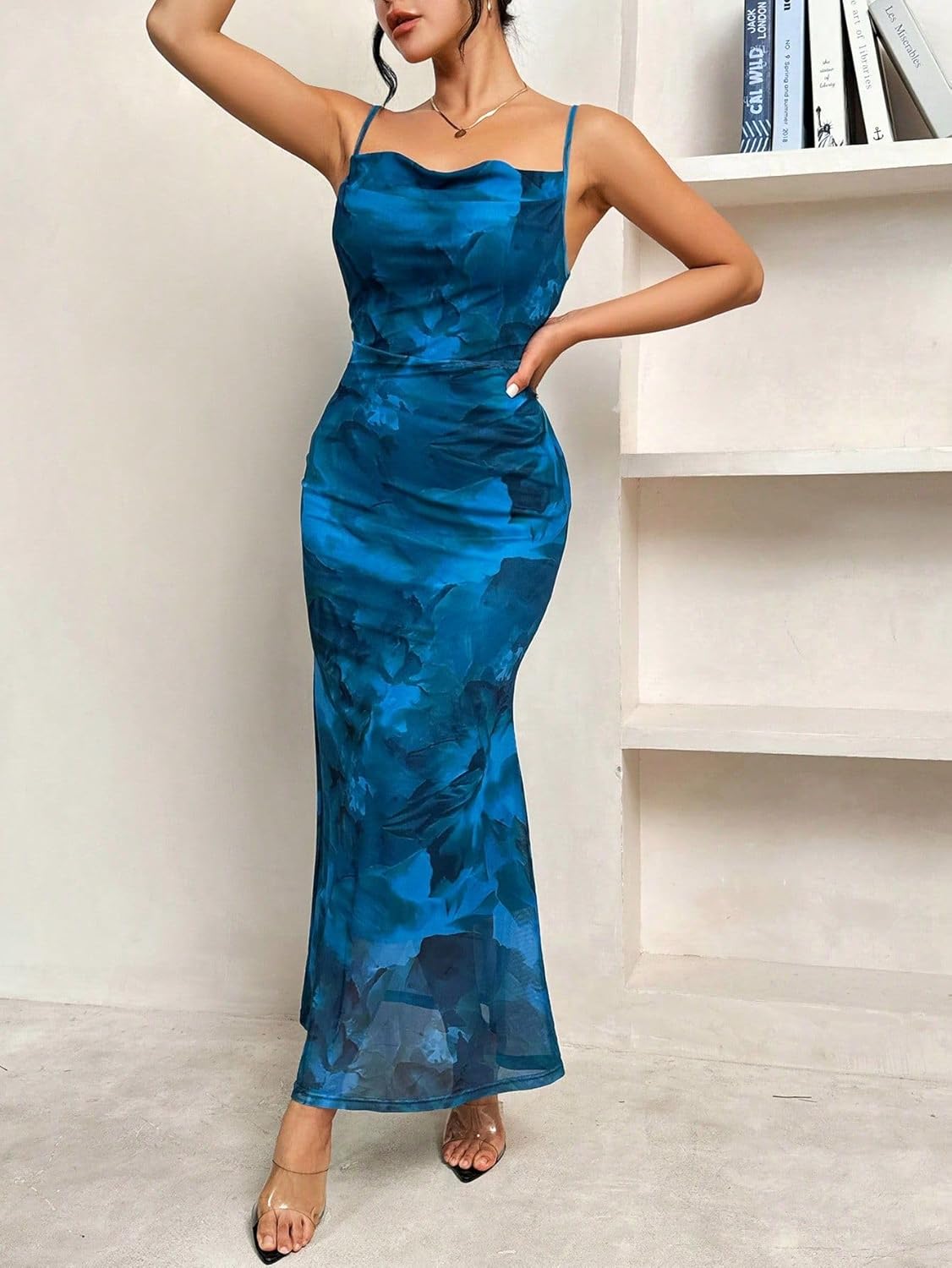 LIGHT DOT Women's Summer Printed Maxi Dress Spaghetti Strap Bodycon Cami Side Slit Mesh Layered - Image 7