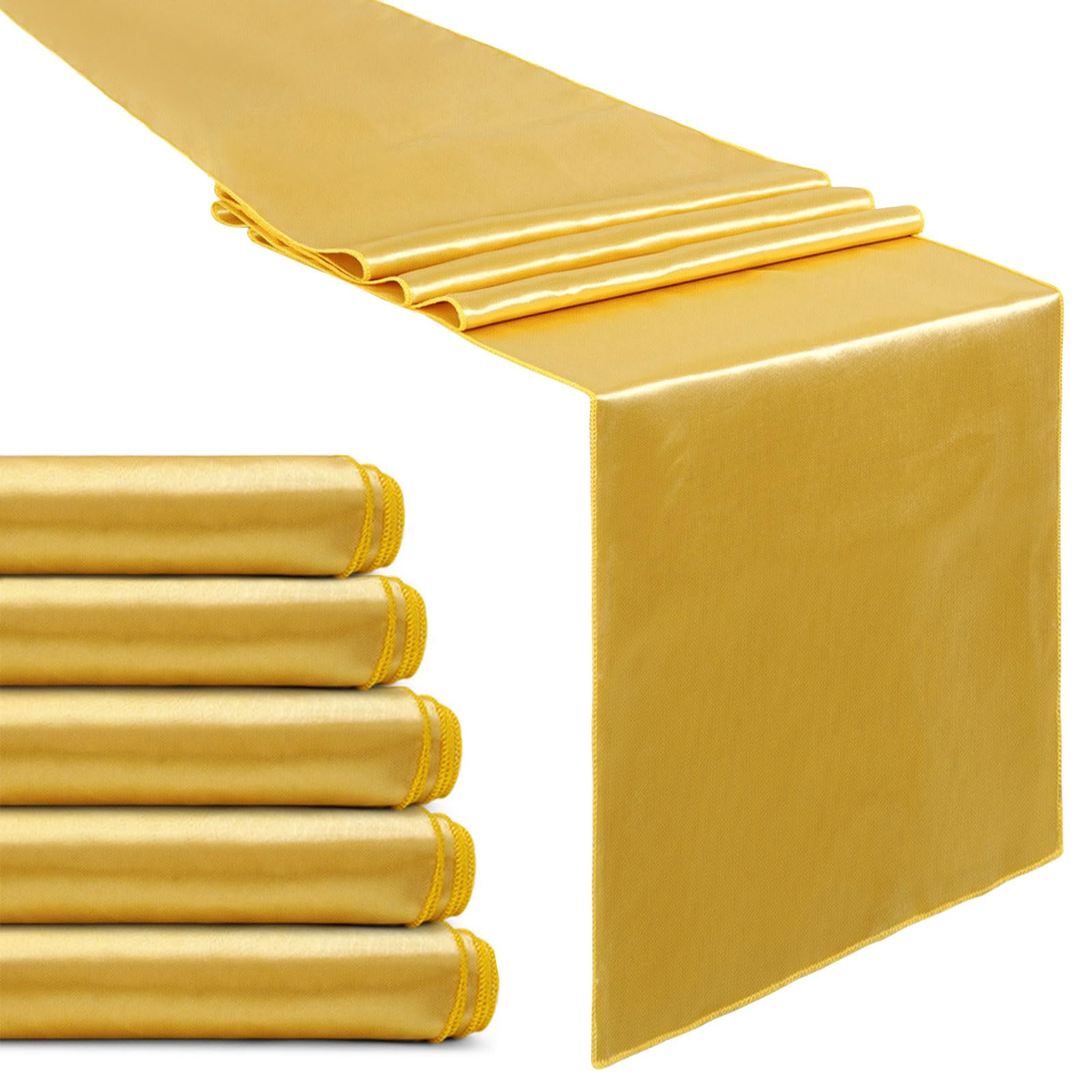 Set of 5 Satin Table Runners Gold 12x108 inch Table Runner for Party Wedding Reception Banquet Decoration Bright Silk Smooth Fabric Party Chair Sashes