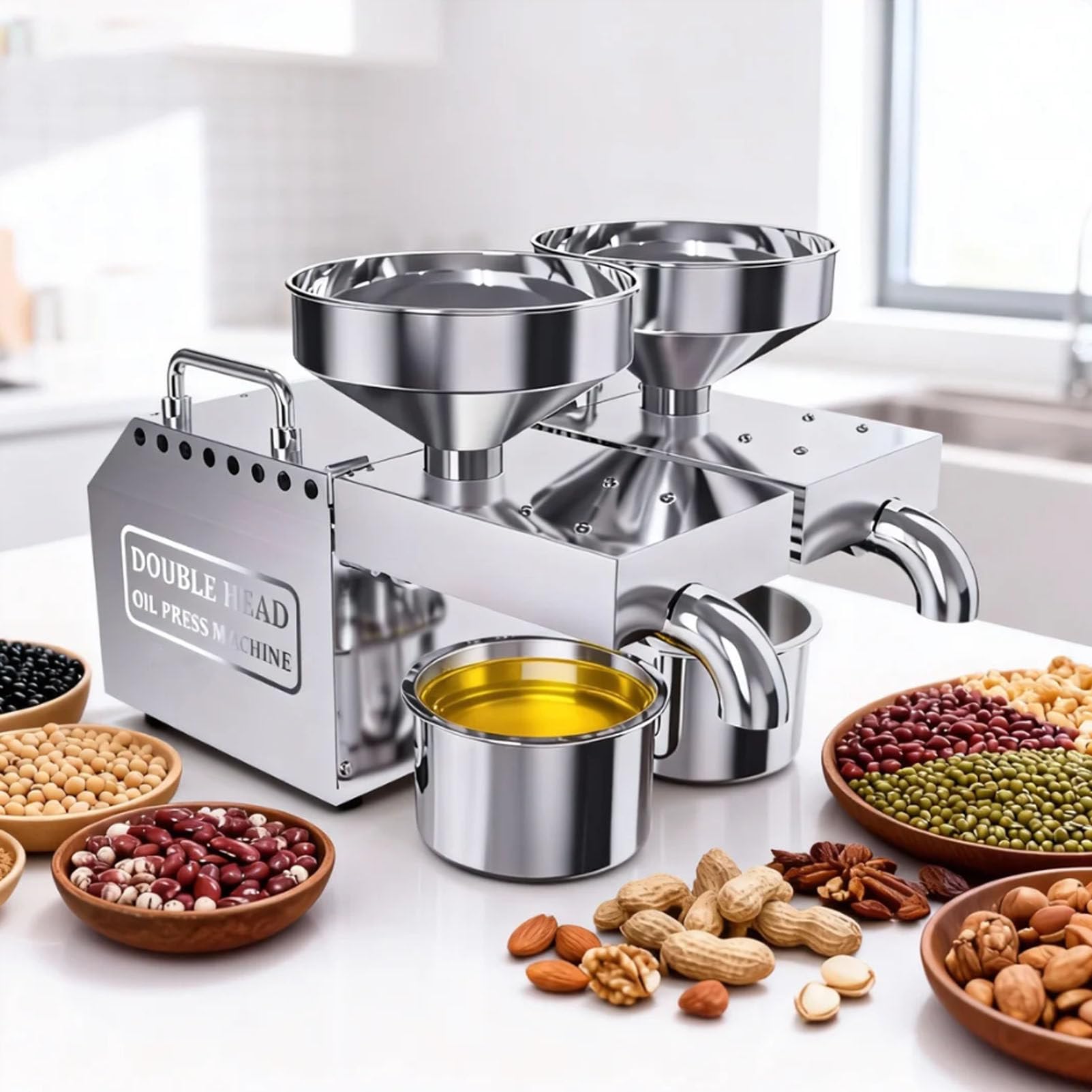Pfps Oil Press Machine with Dual Outlets, Hot & Cold Automatic Oil Extractor for Peanuts, Sesame, Sunflower Seeds, for Home and Commercial Use