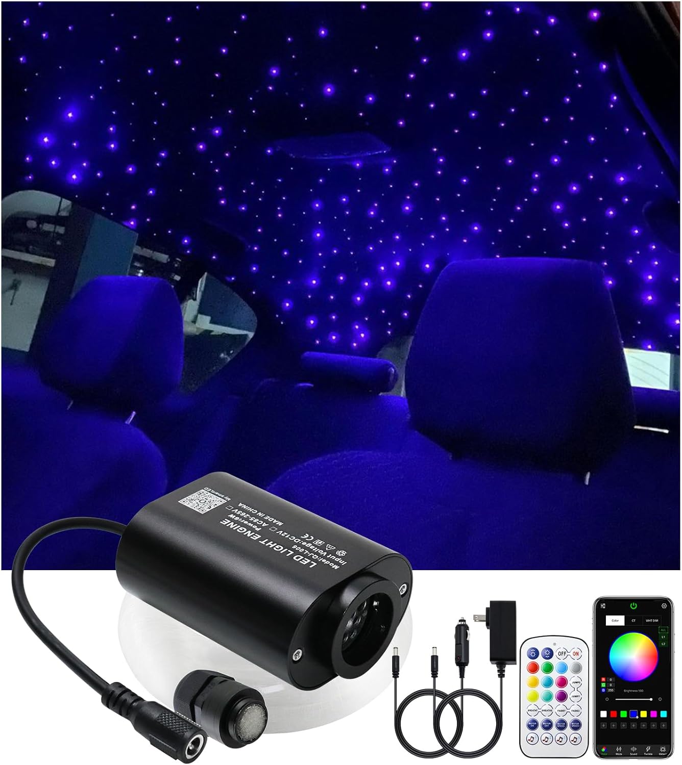 Mini Size 6W Starlight Headliner Kit Twinkle Fiber Optic Lights, APP Control RGBW Led Music Activated 500pcs*0.03in(6.5ft/2m) Optical Fiber Optic Star Ceiling Kit for Home and Car Headliner Star