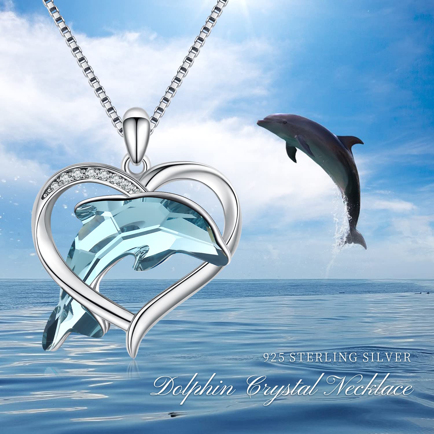 Collana da donna con delfino, in argento Sterling 925, con ciondolo a forma di delfino, con cristalli blu, onde del mare, temi della spiaggia, regalo per figlia e ragazze
