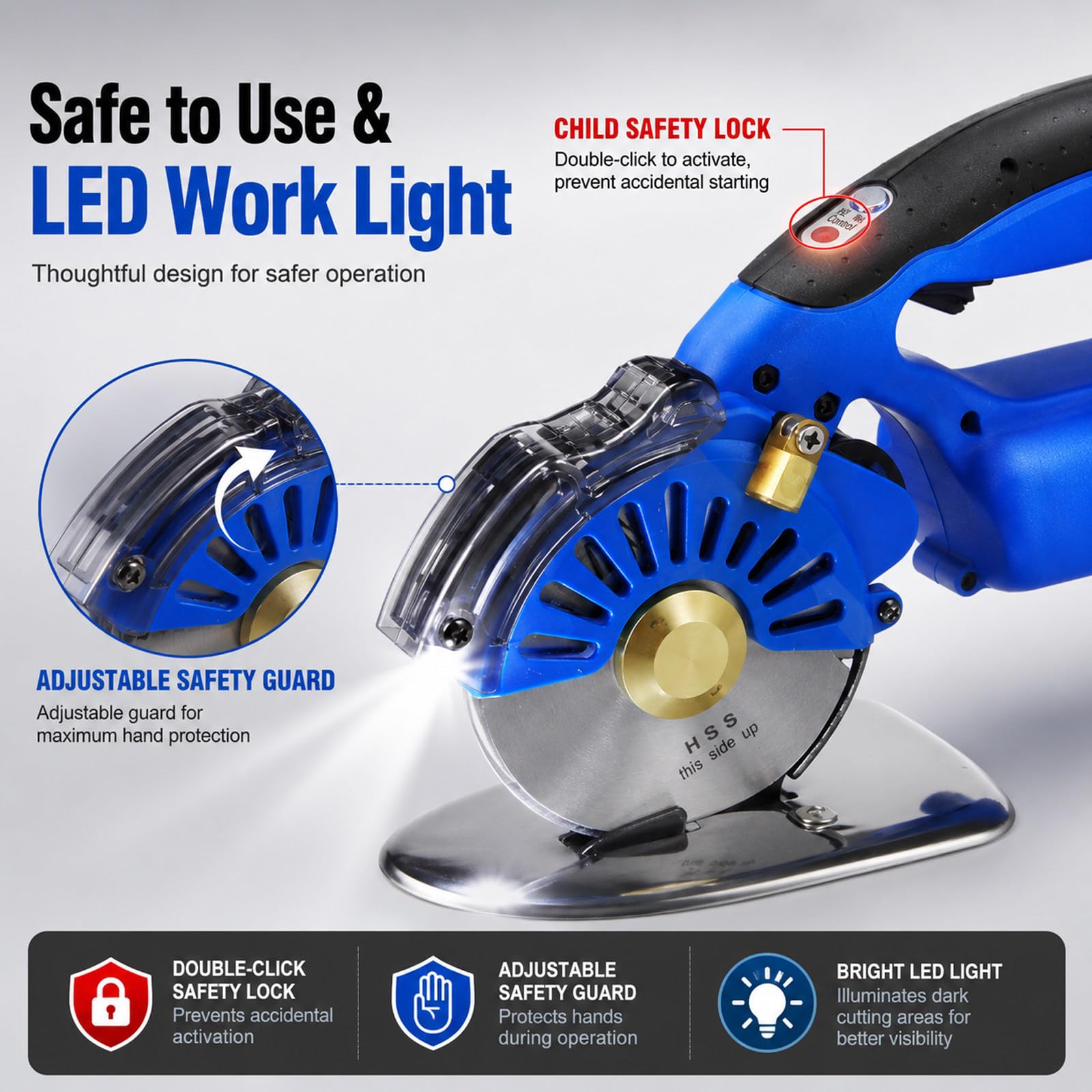 Cutter Elettrico, Taglierina Circolare, Taglierina per Tessuti | Motore Brushless, Affilatura Automatica, Spessore 40mm, Lama HSS 125mm, 2 Batterie 2500mAh, 5 Velocità, Peso 1.7kg, LED