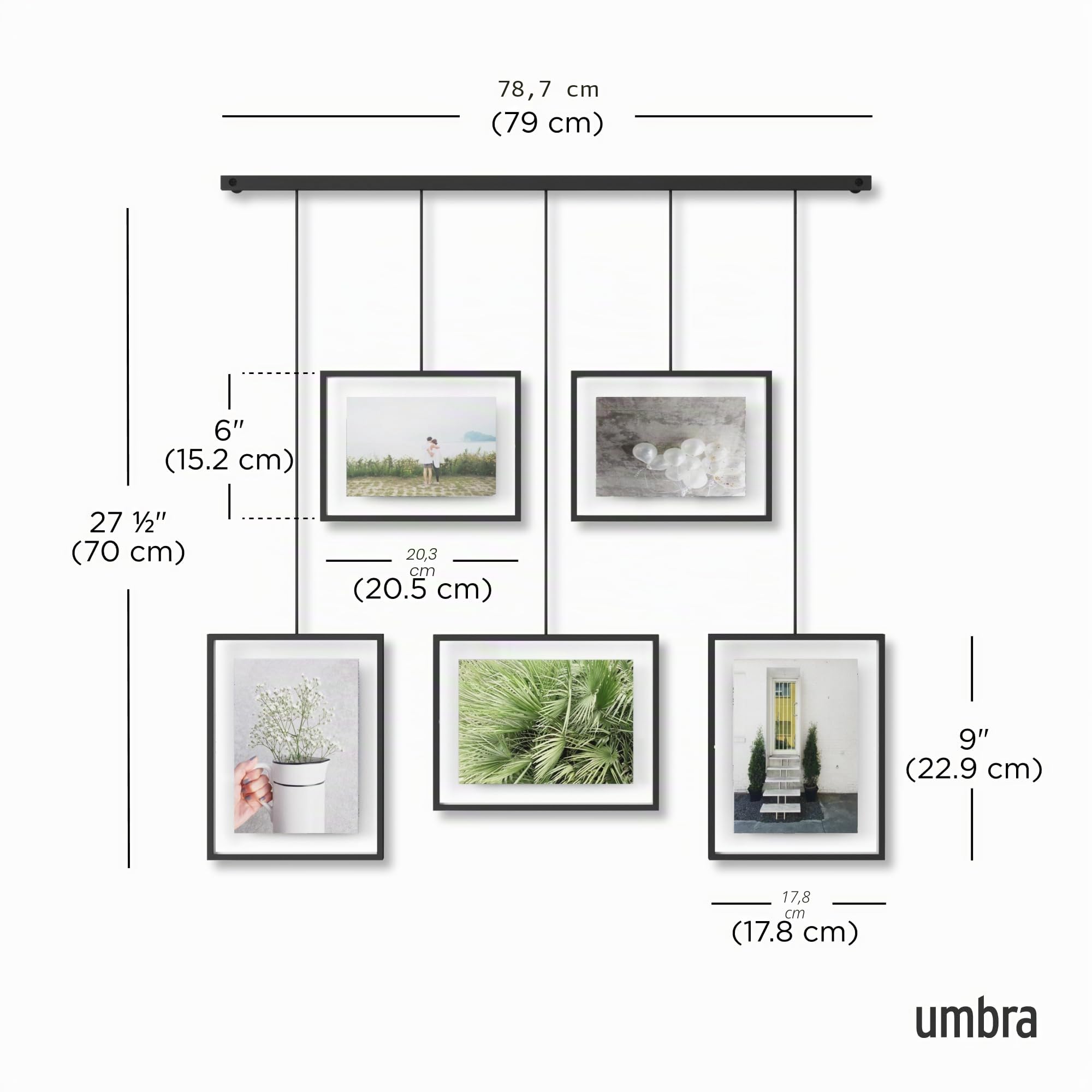 Umbra Exhibit Foto Collage Bilderrahmen – Flexibles Bilderrahmen-Set zur Horizontalen und Diagonalen Anbringung, für 5 Photos, Kunstdrucke, Bilder, 10 x 15 und 13 x 18 cm, Schwarz, 5 Rahmen