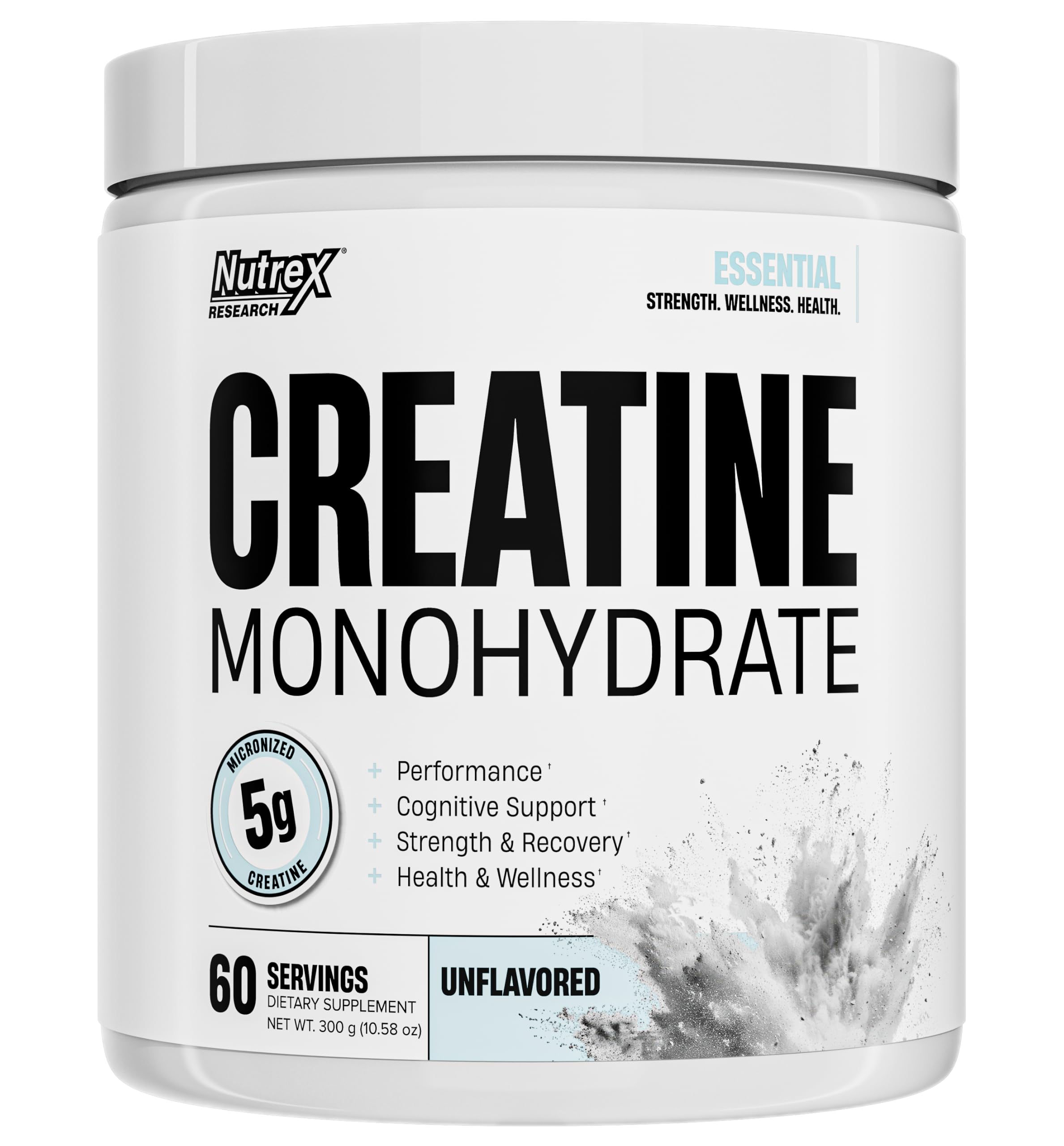 Nutrex Research Essentials Creatine Monohydrate Powder, 5g Micronized Creatine per Scoop, Unflavored, 60 Servings, Gluten Free, Supports Strength, Recovery, and Cognitive Function