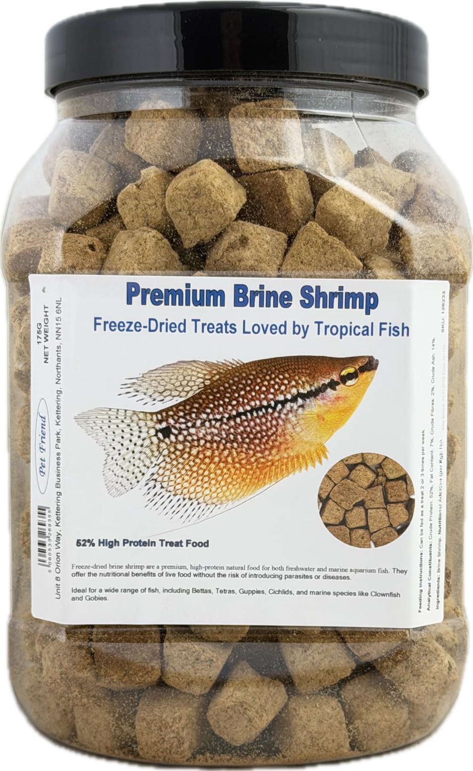 Pet Friend 100% Freeze Dried Brine Shrimp 175g Troical Fish Food Premium 52% Artemia High Protein Treats Loved By Betta Cichlids Goldfish & Guppies