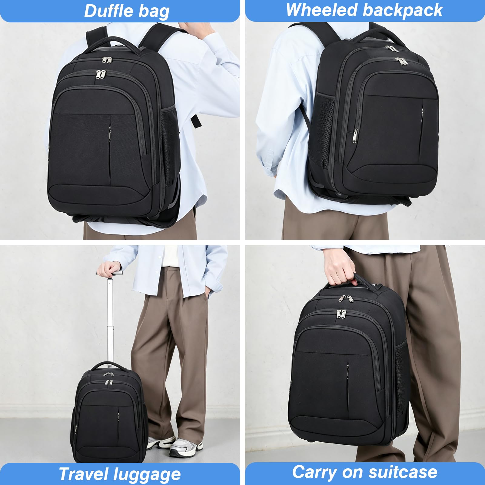 Mochila con Ruedas Adulto, 18'' Trolley para Portátil para Hombre, Mujer, Maletin Grande Resistente al Agua Bolsa de Viaje Cabina Avion para Empresas Escolares, Negro (Negro)