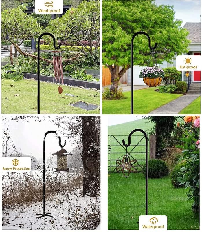 Garden Shepherd Hook Outdoor with 5 Prong Base, Bird Feeder Pole Hanger Holder Stand, Adjustable Heavy Duty Solar Light Plant Lantern Hanger Holder, Wedding Decor Matte Black (48 Inch- 2 Packs)