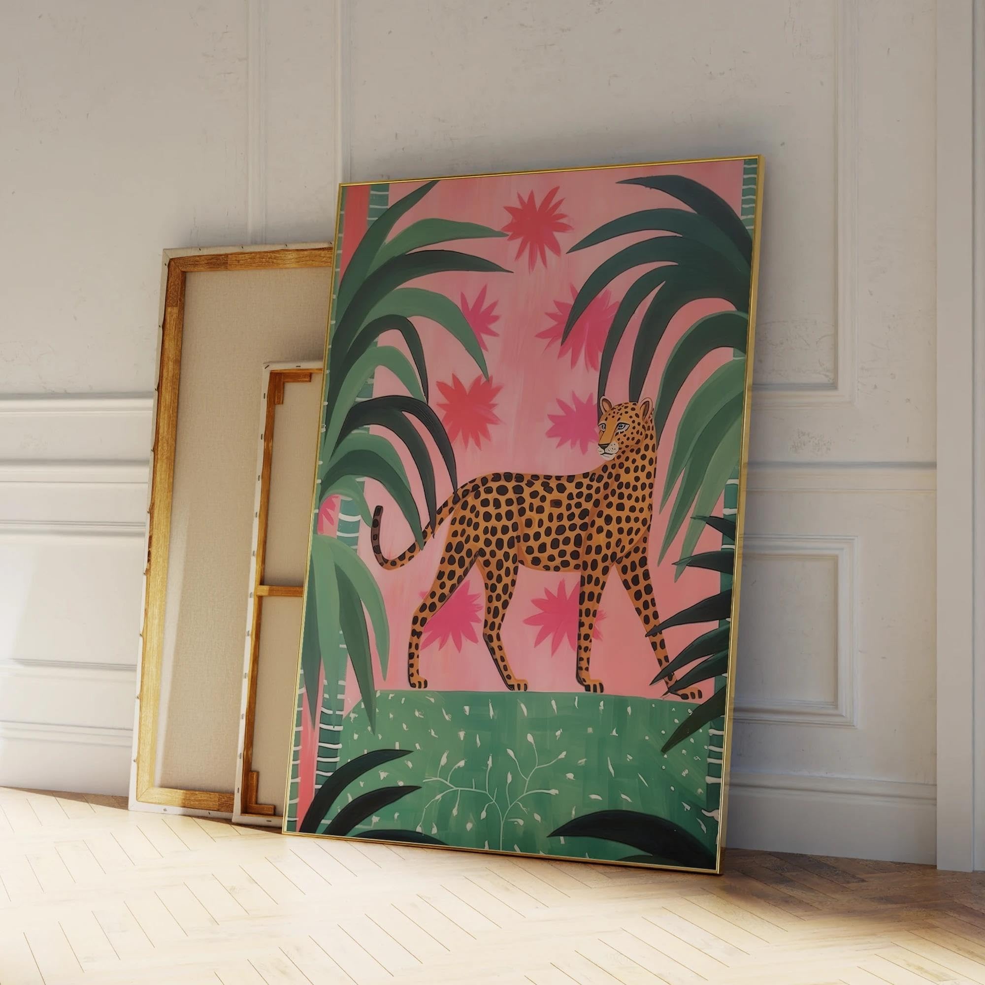 Toile guépard rose et vert style Matisse pour raviver un mur blanc triste 30x40
