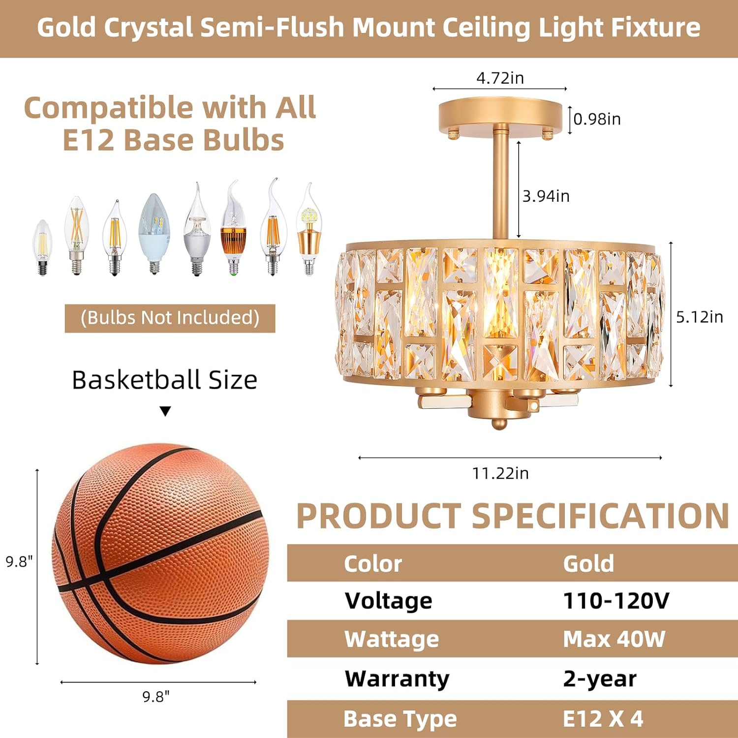11.2" Gold Modern Crystal Ceiling Light Fixture, 4-Light Semi Flush Mount Chandelier with K9 Crystals for Kitchen Island Dining Room Bedroom Bathroom Hallway, Round Drum Pendant Lighting