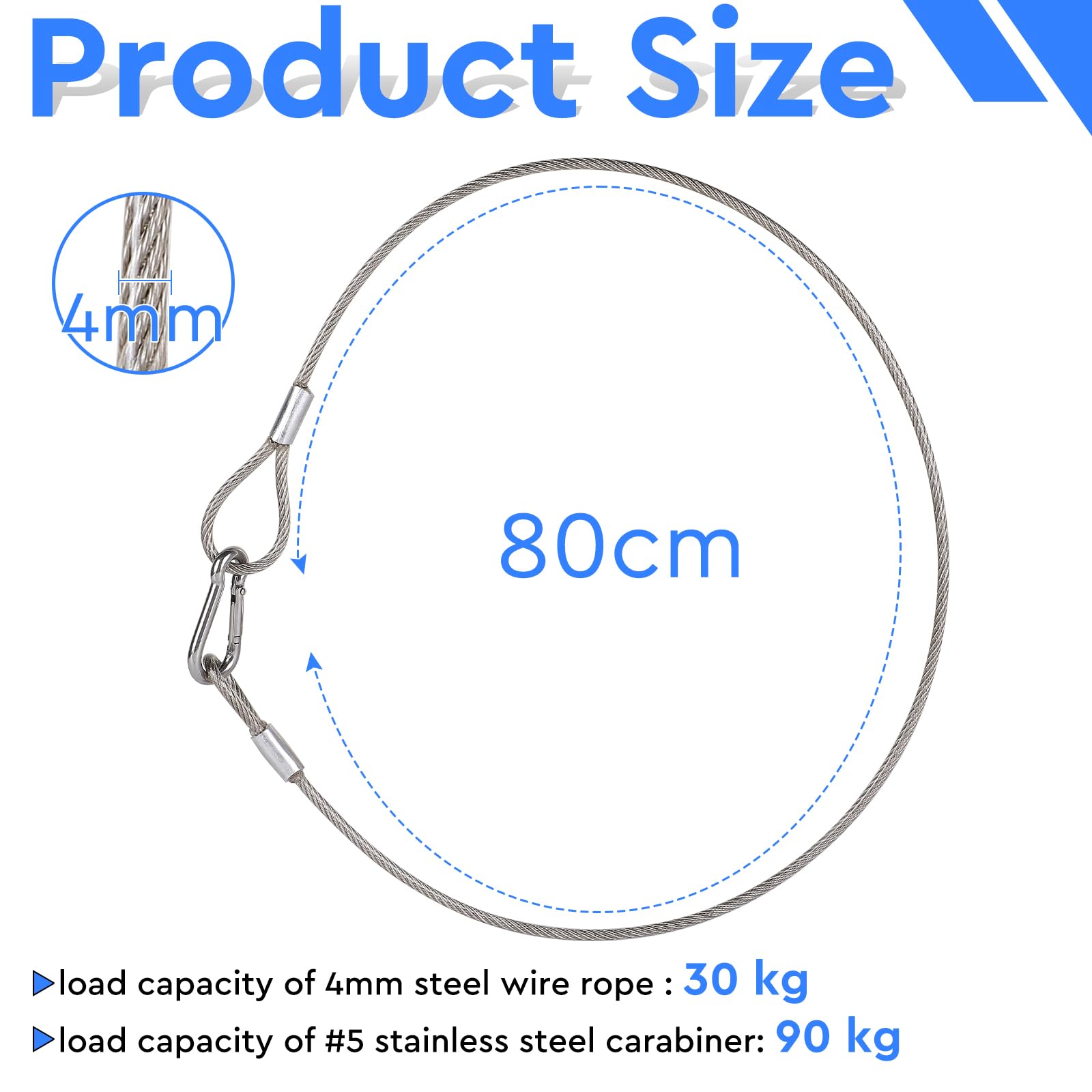 EFUTURETIME 10 x Cavo di Sicurezza in Acciaio Inox da 80 cm con Moschettone di Sicurezza n° 5, Cavetto Ø4 mm con Guaina in PVC Trasparente per Appendimanto Luci, Portata 50 kg