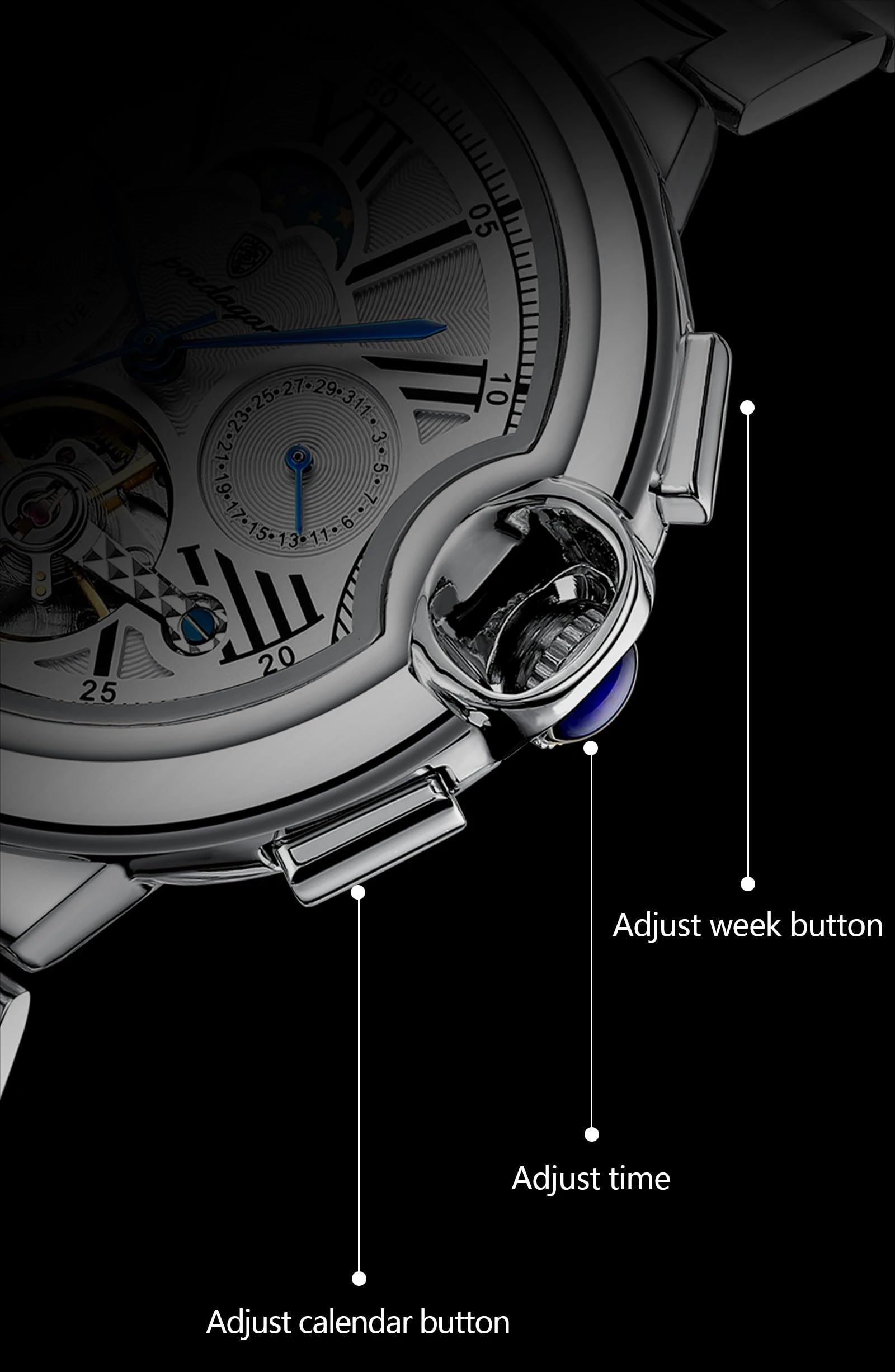 Poedagar Modische automatische mechanische Herrenuhr Datum Woche wasserdichte Herrenuhr Tourbillon Edelstahlband Lederband Business Herrenuhren