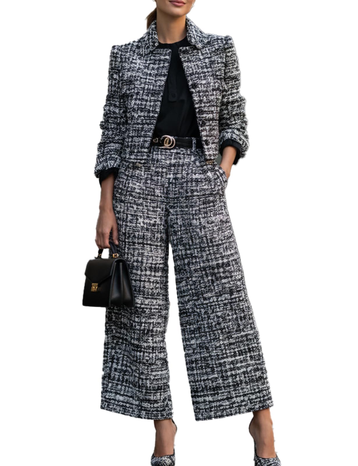 Womens Tweed Blend Single-Breasted Cropped Jacket and Wide-Leg Pants Set Elegant Office Suit Autumn Busines Events