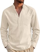 J.VER Linen Shirts Men Long Sleeve Regular Fit Casual Summer Beach Cotton Henley Shirt with Pocket