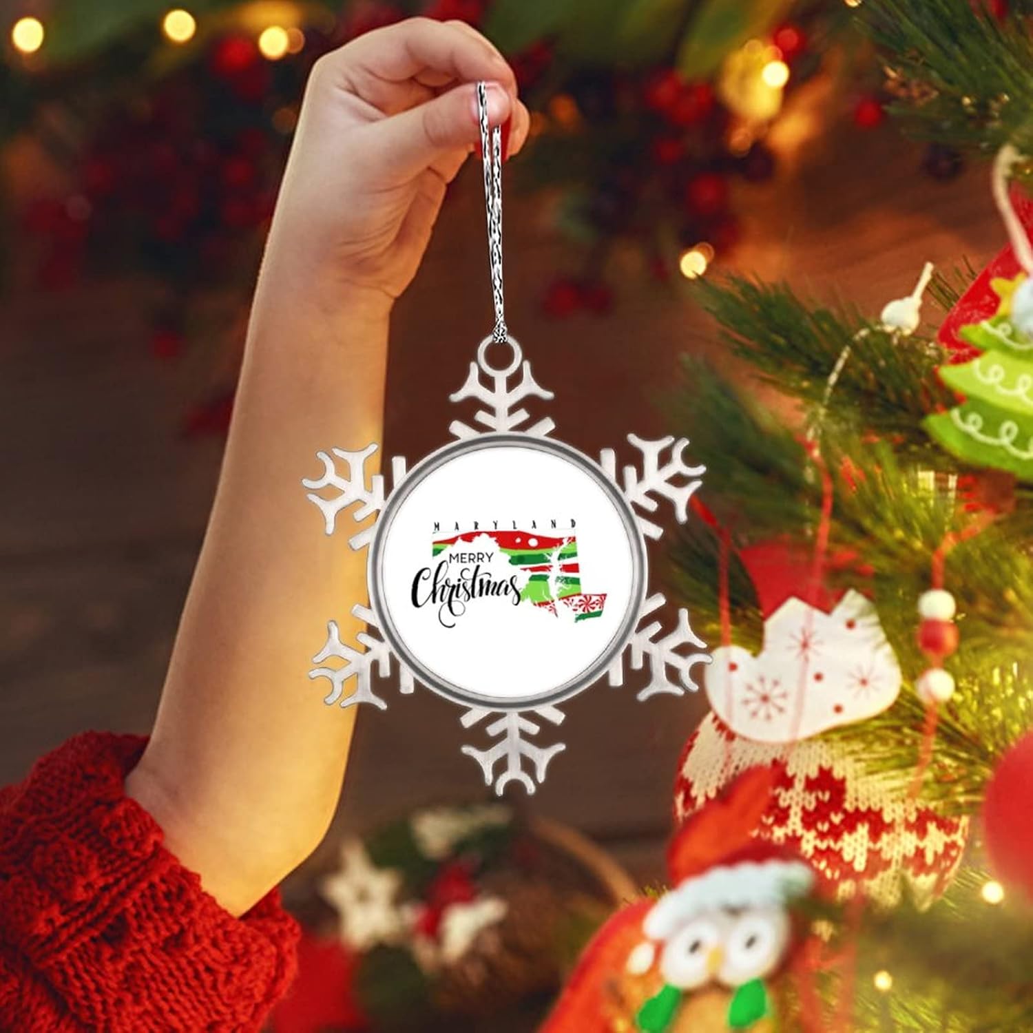 Snowflake Ornaments Maryland Home State Personalized Christmas Ornaments 2022 Merry Christmas Ornaments for Christmas Trees Metal Souvenir Xmas Tree Hang Pendant Exchange Long Distance Gift 3 Inch