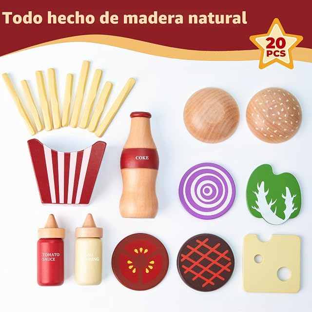 Foto 4 de 6 de Toywoo Juego de comida de madera para juegos de simulación, hamburguesa, sándwich, papas fritas y más
