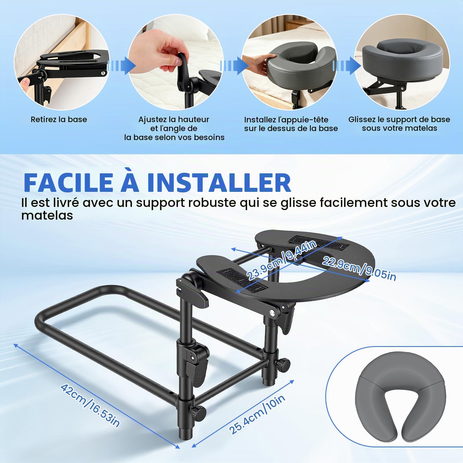 Appui-tête de massage réglable pour lit avec cadre et coussin de soutien, accessoire de convalescence post-opératoire des yeux, Support facial pour matelas à domicile et salons de beauté, Gris