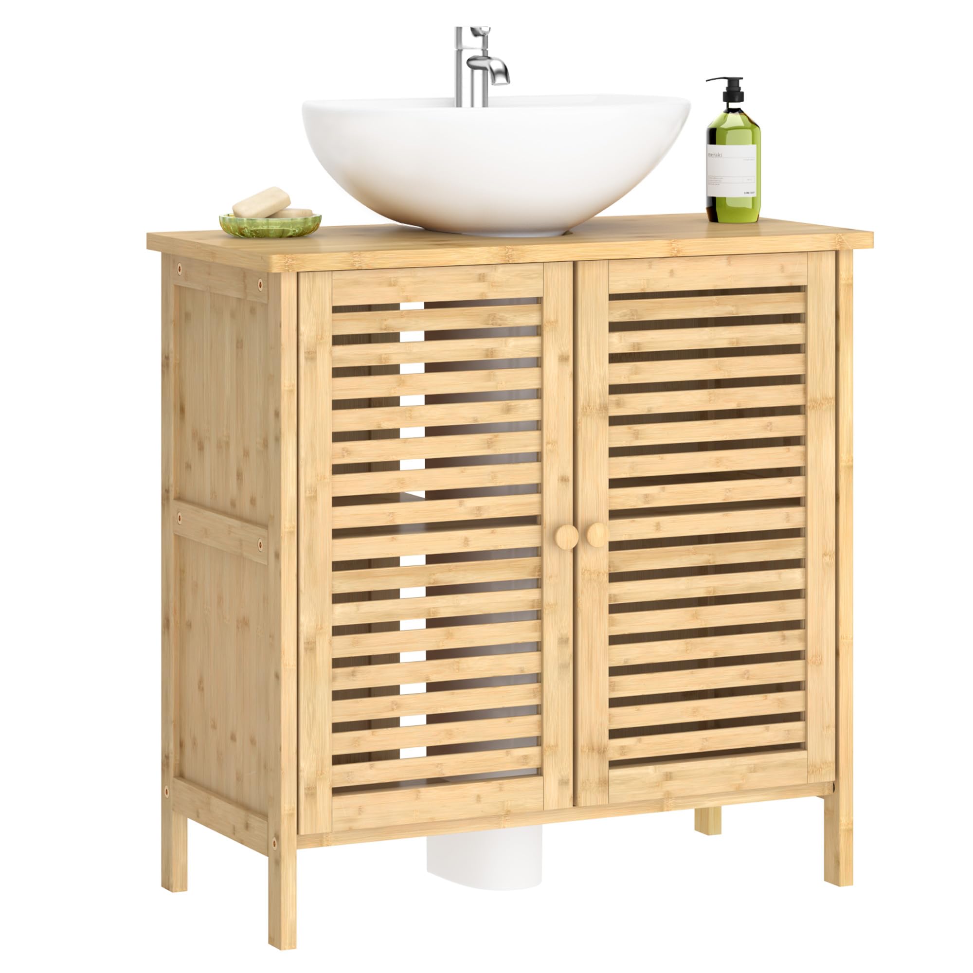 SogesHome Meuble sous Vasque Meuble de Rangement sous-Lavabo avec Étagère pour Salle de Bain en Bambou 60 x 30 x 60 cm