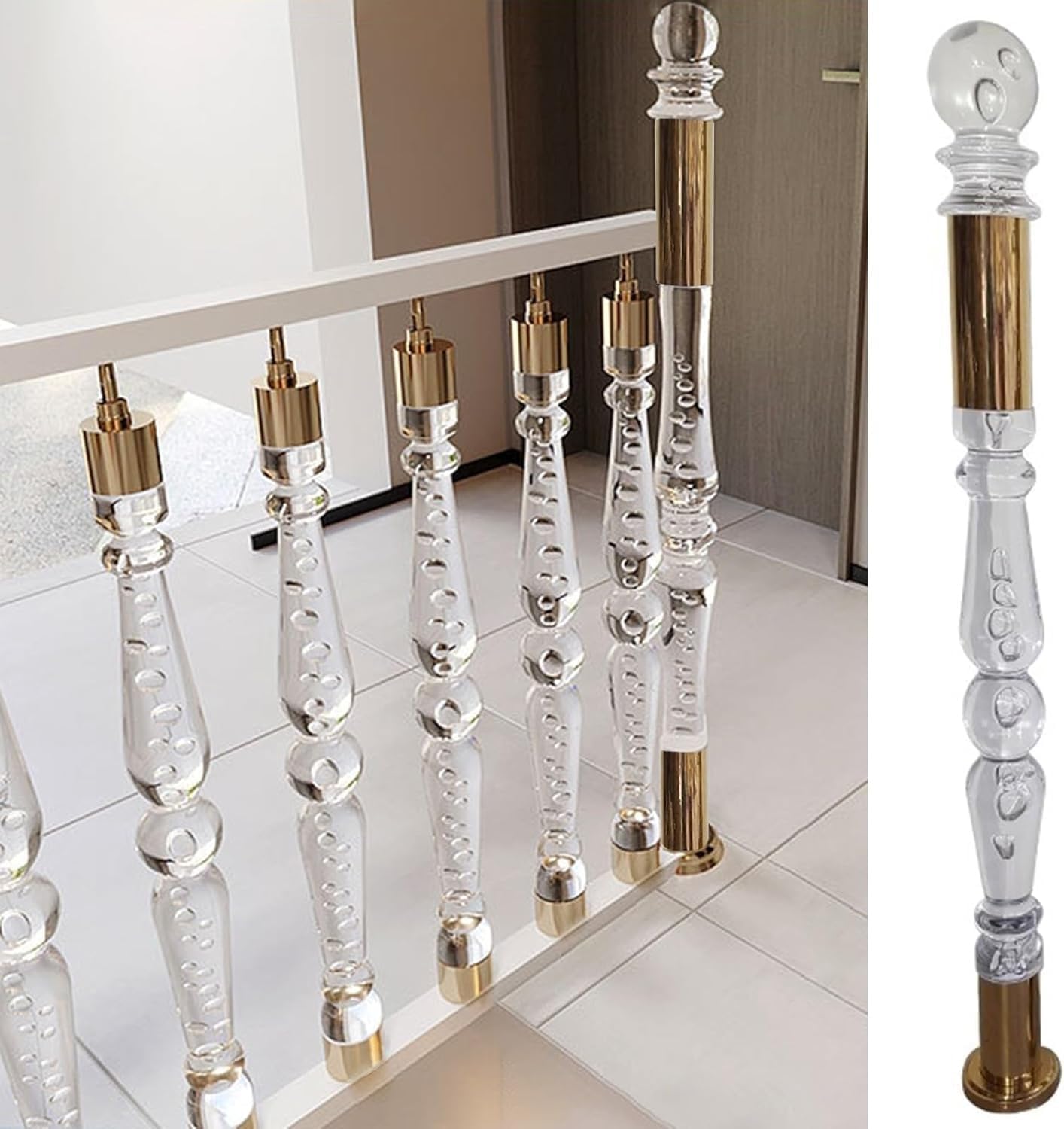 Deck Balusters for Indoor Stair/Deck/Corridor, Stair Newel Post Mounting Kit, Transparent Crystal Banister Columns with Metal Base (Size : Newel Post H 125cm/49.2in)