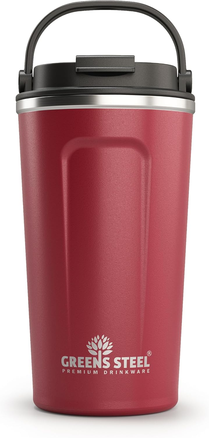 Reusable Coffee Cup with Lid and Handle - Stainless Steel Insulated Coffee Mug for Hot & Cold Drinks - Ideal Travel Mugs - 100% Leak-Proof Tumbler - 16 oz Red