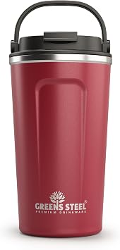 Greens Steel Reusable Coffee Cup - 480 ml 16 oz Red | Travel Mug with Lid & Handle | Stainless Steel Insulated Flask for Hot & Cold Drinks | Leak Proof Tumbler for Tea, Coffee, Iced Drinks