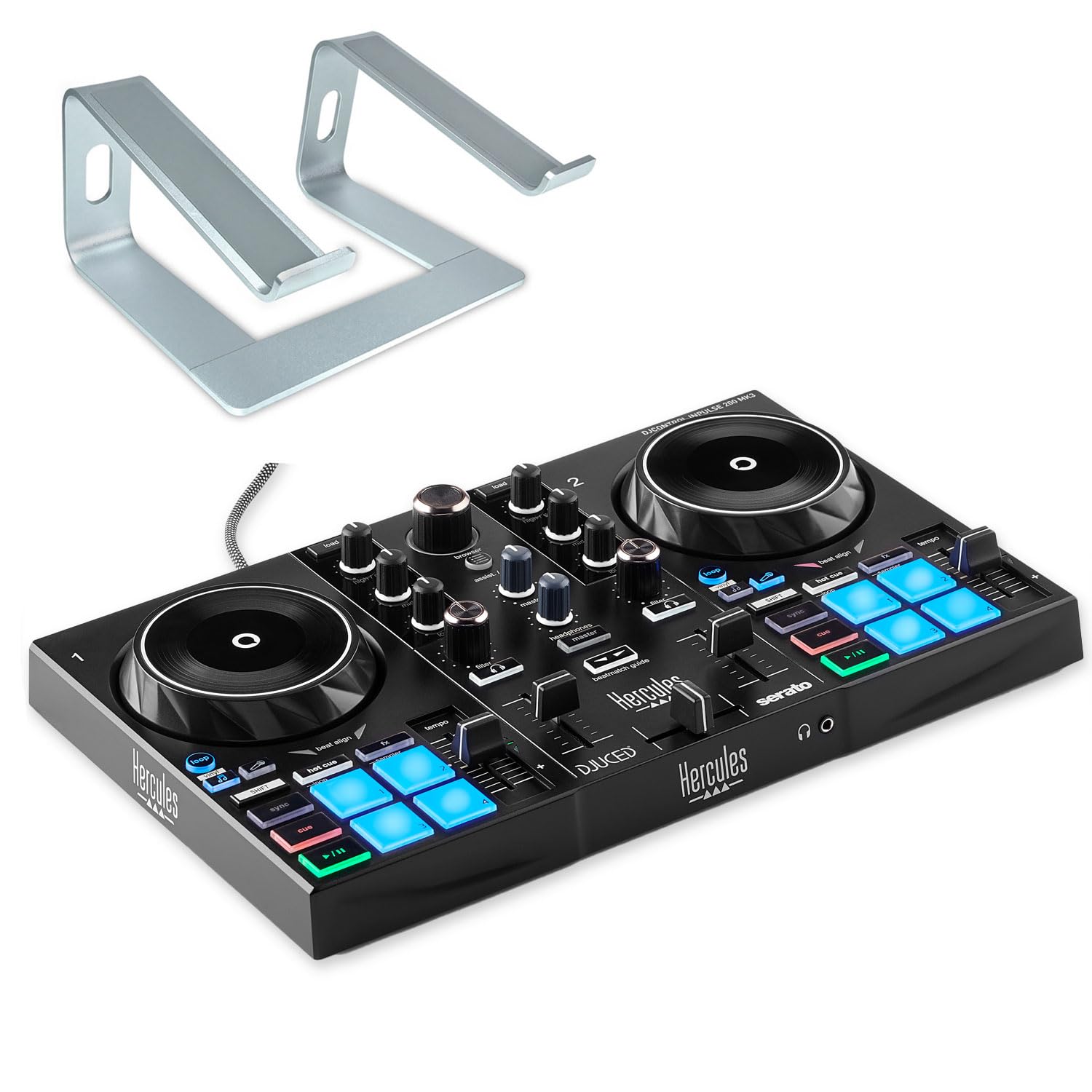 Hercules Inpulse 200 MK3 DJ-Controller mit Laptop Stativ Silberfarben