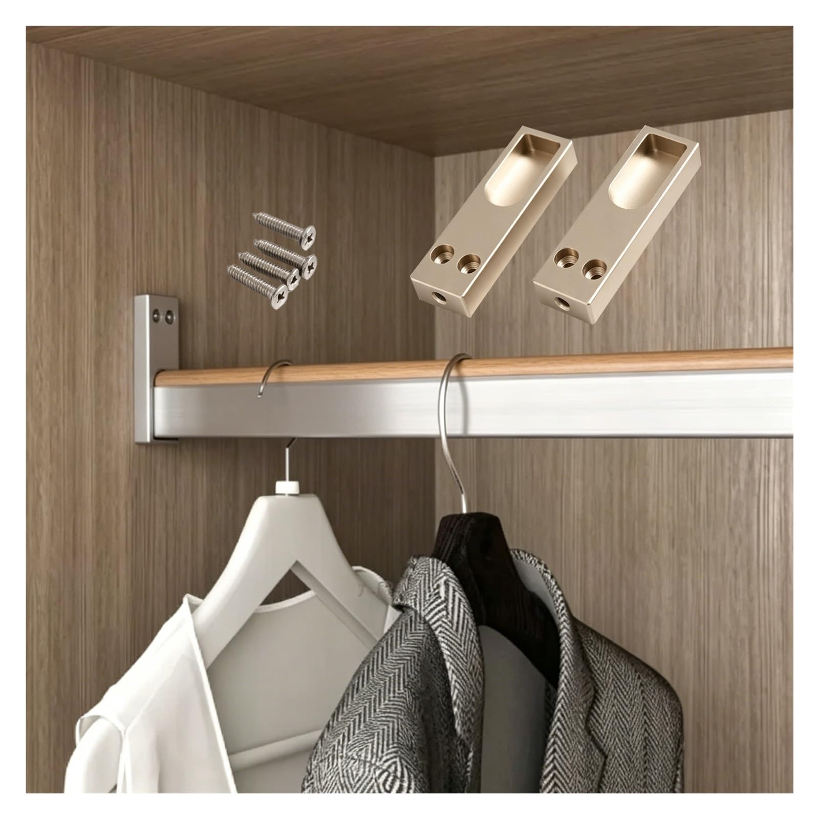 Cuttable Closet Rod Silver, Non Slip Wardrobe Poles with Flanges & Screws, Sturdy Customizable Hanging Rod for Cloakroom/Bathroom/Cupboard(L 2100mm/82.7")