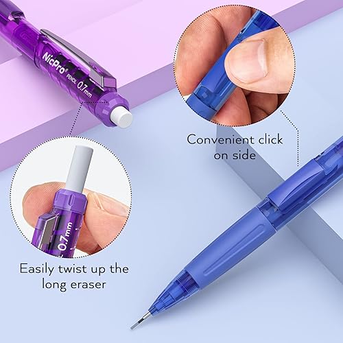 Miniatura 2 de Nicpro Juego de lápices mecánicos artísticos de 0.028 in, 10 lápices de plomo de colores de rotación, borrado y clic rápido con 5 tubos de repuestos