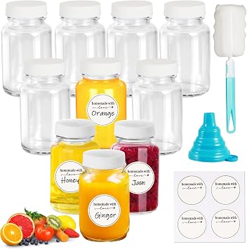 10Pcs Glass Shot Bottles with Lids 60ml, Ginger Shot Bottles