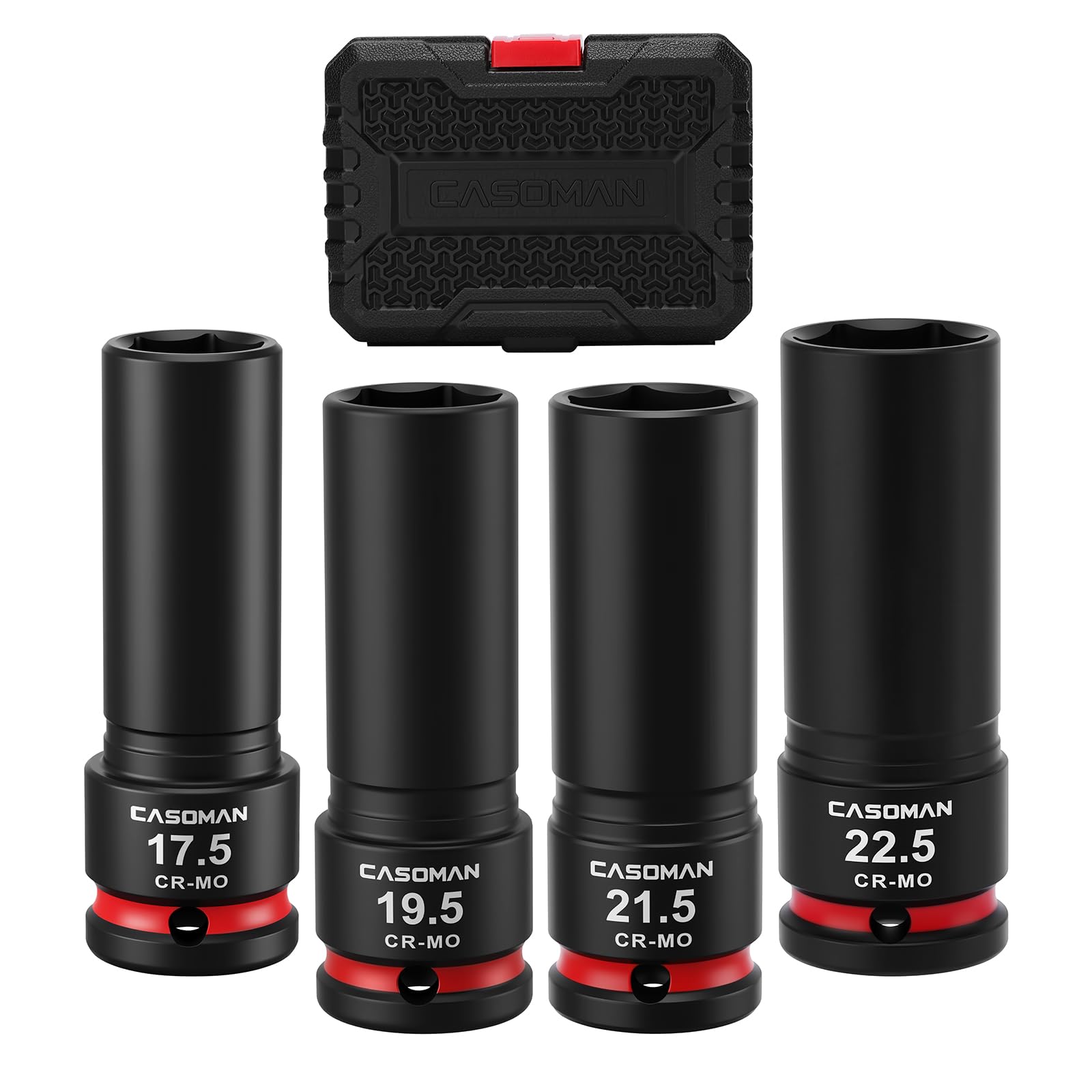 CASOMAN 4-Piece 1/2" Drive 1/2 Size Thin Wall Lug Nut Socket Set, Half Size Wheel Socket, 17.5mm, 19.5mm, 21.5mm, and 22.5mm, CR-MO Steel