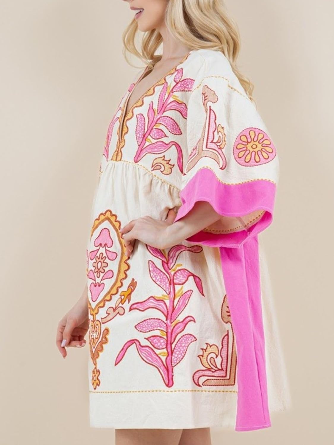 womens oversized embroidered dress with v-neck and 3/4 sleeves vintage embroidery babydoll dress hot pink medium