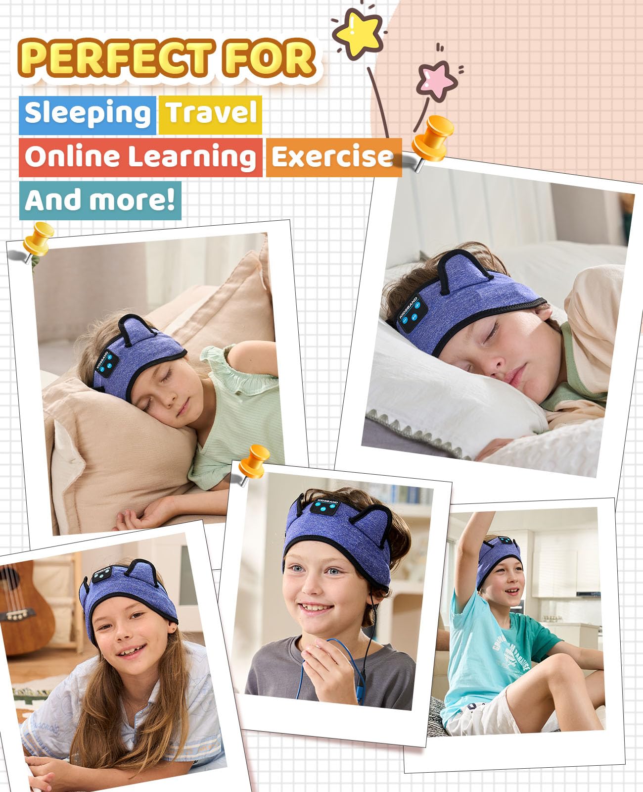 KIDSBAND Auriculares para niños, auriculares Bluetooth para niños con diadema ajustable, conector de 3,5 mm para la escuela, auriculares plegables para niñas y niños, tablet Kindle, teléfonos