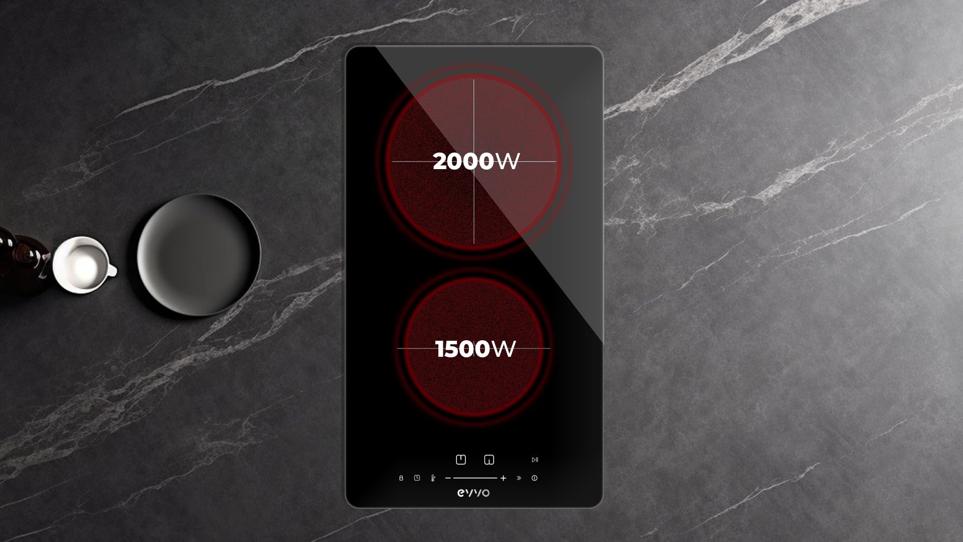 EVVO Piastra a induzione 2 zone di cottura V31, potenza massima 3.500 W, 9 livelli, max diametro 18 cm, booster, controllo touch, indicatore di calore