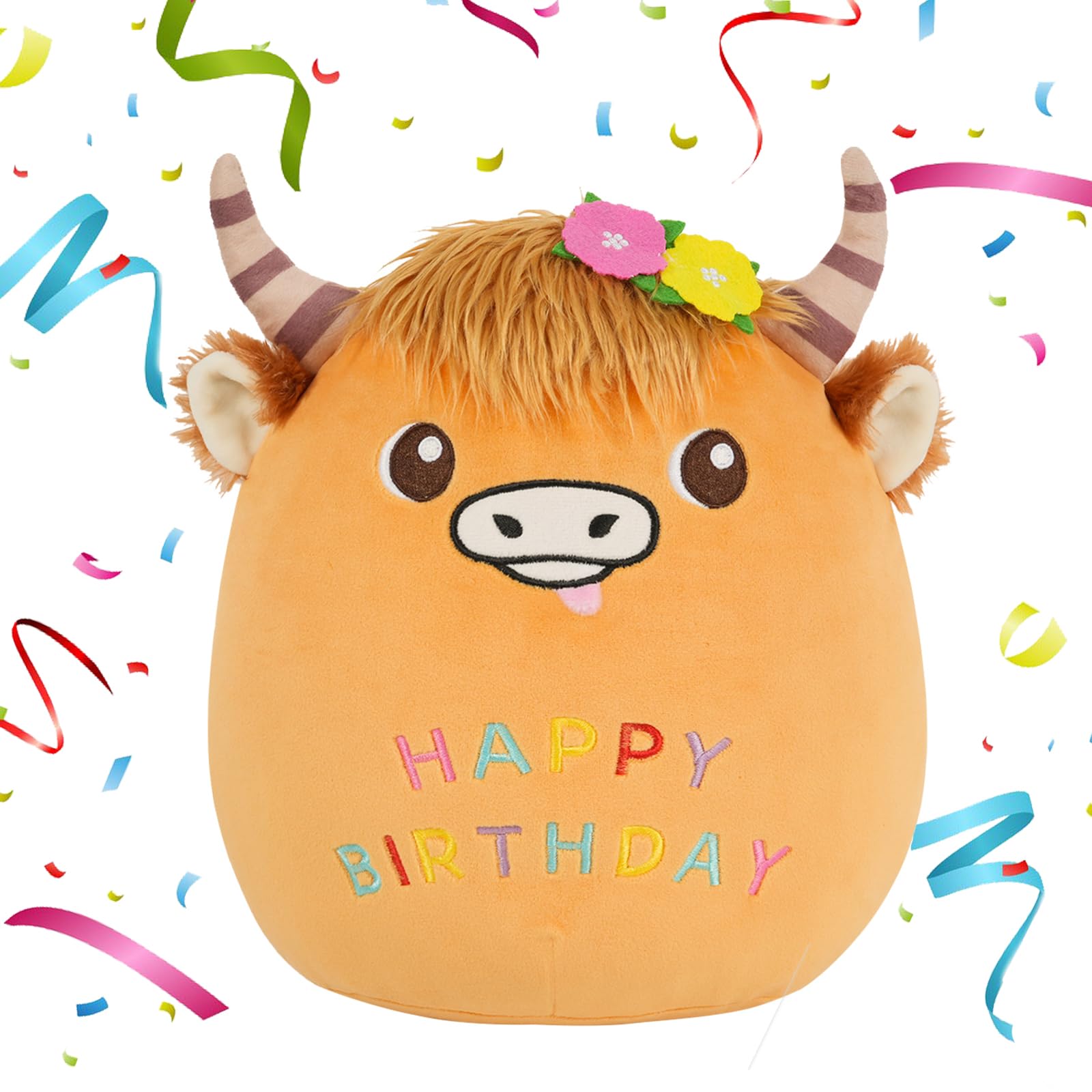Happy Birthday Plush Pillow, Fun Birthday Highland Cow Stuffed Animal 10 Inch, Soft Creative Cow Plush Decoration, Cow Pillow Birthday Gift for Boys and Girls (Happy Birthday Cow, Small)